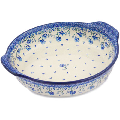 Polish Pottery Round Baker with Handles 10-inch Blue Grapevine