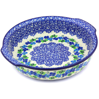 Polish Pottery Round Baker with Handles 10&frac14;-inch Blue Phlox