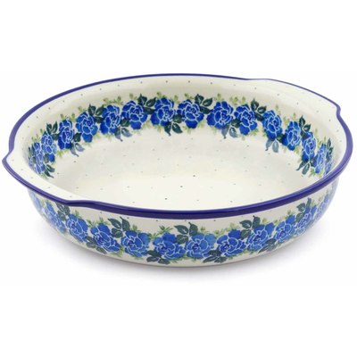 Polish Pottery Round Baker with Handles 10&frac14;-inch Blue Rose