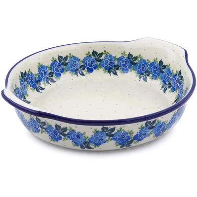 Polish Pottery Round Baker with Handles 10-inch Blue Rose