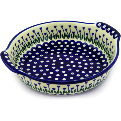 Polish Pottery Round Baker with Handles 10-inch Blue Tulip Peacock