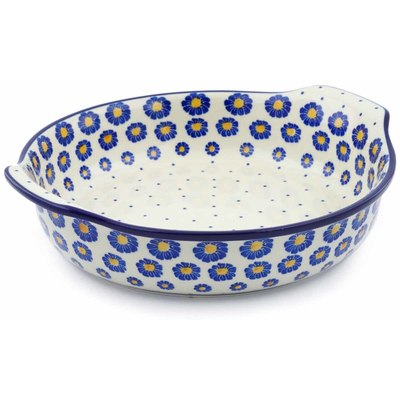 Polish Pottery Round Baker with Handles 10-inch Blue Zinnia