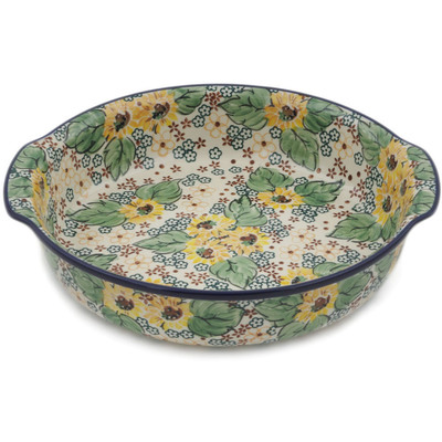 Polish Pottery Round Baker with Handles 10&frac14;-inch Country Sunflower UNIKAT