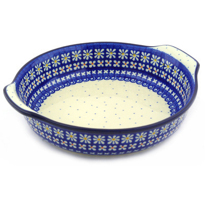 Polish Pottery Round Baker with Handles 10-inch Dots And Daisies