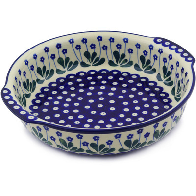 Polish Pottery Round Baker with Handles 10&frac14;-inch Forget-me-not Peacock