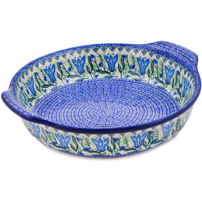 Polish Pottery Round Baker with Handles 10-inch Gentian Wreath UNIKAT