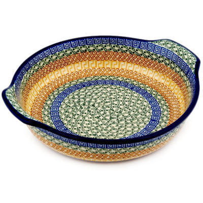 Polish Pottery Round Baker with Handles 10-inch Grecian Sea
