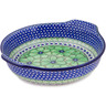 Polish Pottery Round Baker with Handles 10-inch Green Pansies UNIKAT
