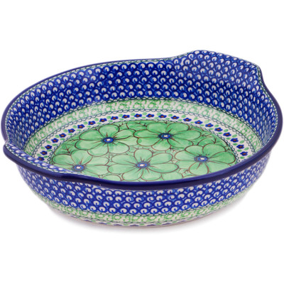 Polish Pottery Round Baker with Handles 10-inch Green Pansies UNIKAT