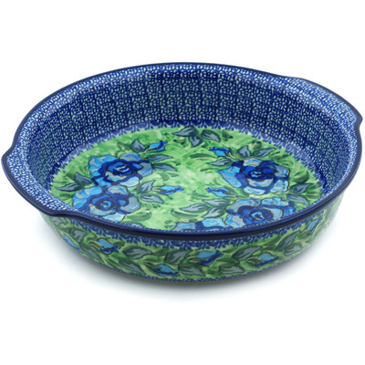 Polish Pottery Round Baker with Handles 10&frac14;-inch Matisse Flowers Cobalt UNIKAT