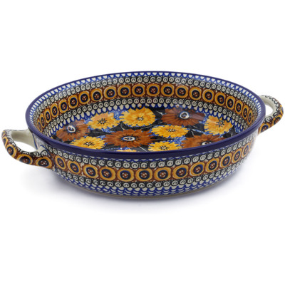 Polish Pottery Round Baker with Handles 10-inch Medium Autumn Chrysanthemums UNIKAT