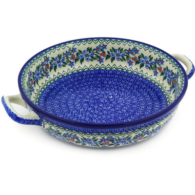 Polish Pottery Round Baker with Handles 10-inch Medium Azure Blooms