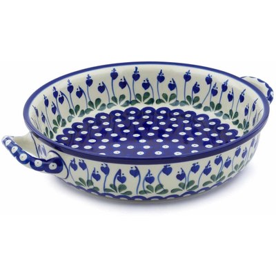 Polish Pottery Round Baker with Handles 10-inch Medium Bleeding Heart Peacock