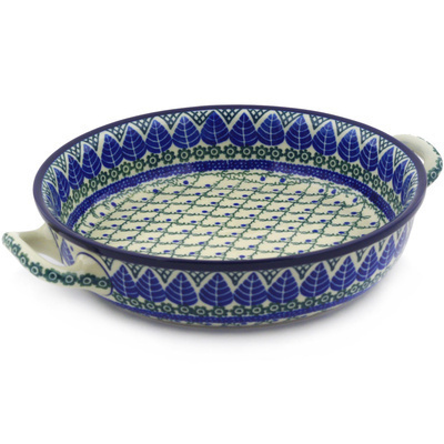 Polish Pottery Round Baker with Handles 10-inch Medium Blue Alpine