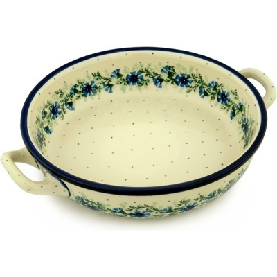 Polish Pottery Round Baker with Handles 10-inch Medium Blue Bell Wreath