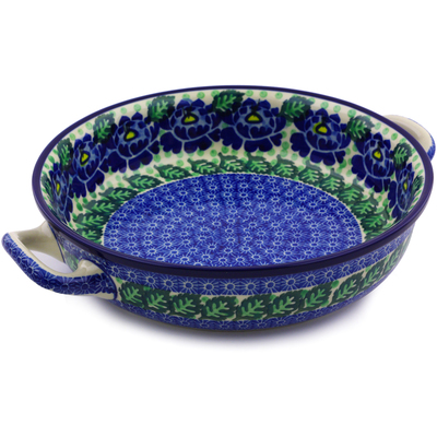 Polish Pottery Round Baker with Handles 10-inch Medium Blue Bliss