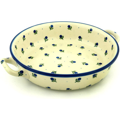 Polish Pottery Round Baker with Handles 10-inch Medium Blue Buds