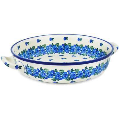 Polish Pottery Round Baker with Handles 10-inch Medium Blue Carnation