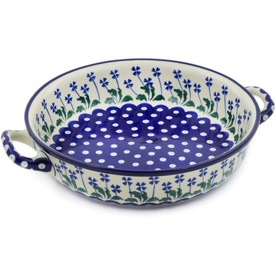 Polish Pottery Round Baker with Handles 10-inch Medium Blue Clover Peacock