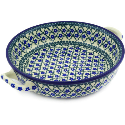 Polish Pottery Round Baker with Handles 10-inch Medium Blue Daisy Trellis