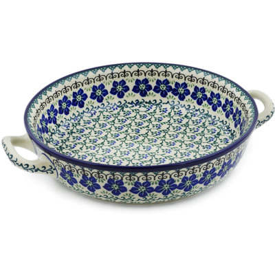 Polish Pottery Round Baker with Handles 10-inch Medium Blue Dogwood