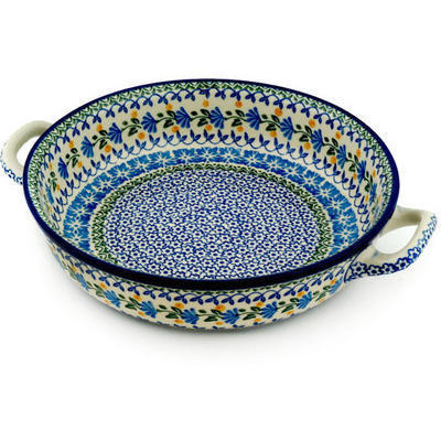 Polish Pottery Round Baker with Handles 10-inch Medium Blue Fan Flowers