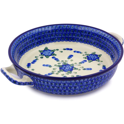 Polish Pottery Round Baker with Handles 10-inch Medium Blue Poppies