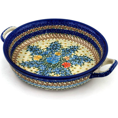 Polish Pottery Round Baker with Handles 10-inch Medium Bluebonnets And Roses UNIKAT