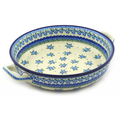 Polish Pottery Round Baker with Handles 10-inch Medium Bluebuds