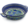 Polish Pottery Round Baker with Handles 10-inch Medium Brilliant Blue Rose UNIKAT