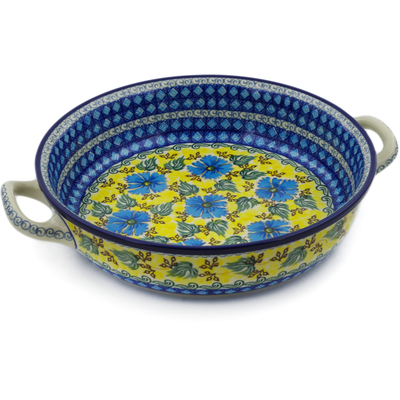 Polish Pottery Round Baker with Handles 10-inch Medium Brilliant In Blue UNIKAT