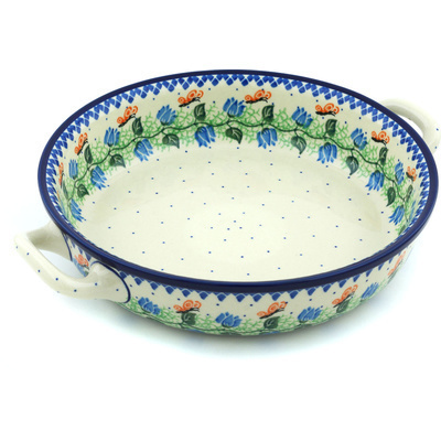 Polish Pottery Round Baker with Handles 10-inch Medium Butterfly Field