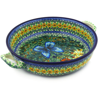 Polish Pottery Round Baker with Handles 10-inch Medium Butterfly Holly UNIKAT