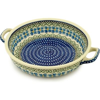 Polish Pottery Round Baker with Handles 10-inch Medium Chickory Heart Vines