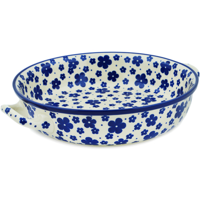 Polish Pottery Round Baker with Handles 10-inch Medium Cobalt Meadow