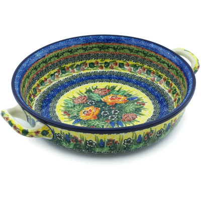 Polish Pottery Round Baker with Handles 10-inch Medium Copper Rose Meadow UNIKAT
