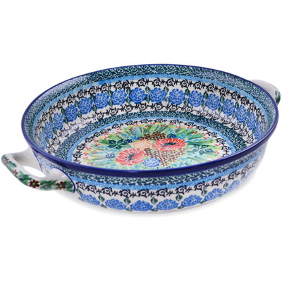 Polish Pottery Round Baker with Handles 10-inch Medium Country Garden UNIKAT