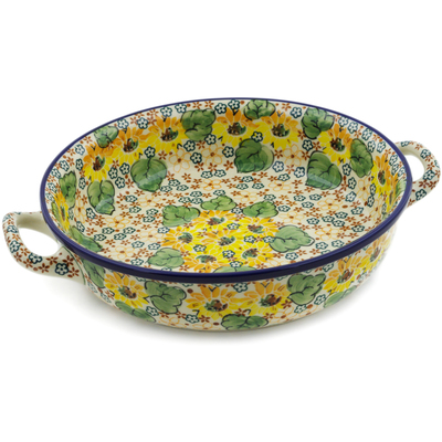 Polish Pottery Round Baker with Handles 10-inch Medium Country Sunflower UNIKAT