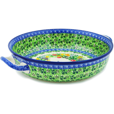 Polish Pottery Round Baker with Handles 10-inch Medium Crane In Tulip Splendor UNIKAT