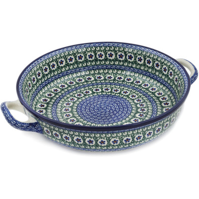 Polish Pottery Round Baker with Handles 10-inch Medium Daises And Tall Grass UNIKAT
