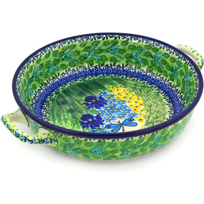 Polish Pottery Round Baker with Handles 10-inch Medium Dragonfly Bounty UNIKAT