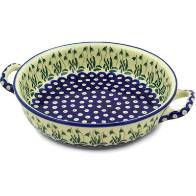 Polish Pottery Round Baker with Handles 10-inch Medium Falling Tulips
