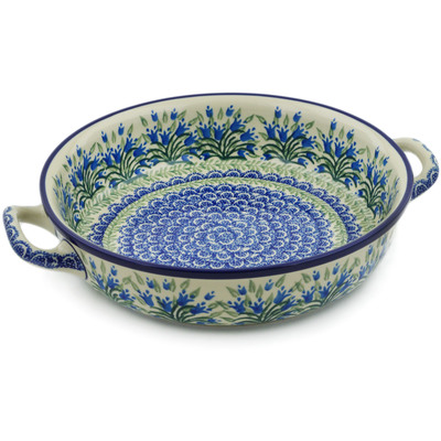 Polish Pottery Round Baker with Handles 10-inch Medium Feathery Tulips