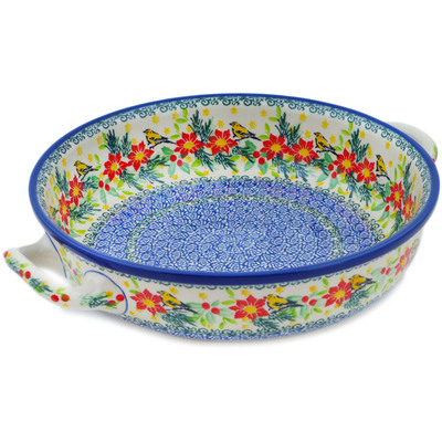 Polish Pottery Round Baker with Handles 10-inch Medium Festive Avian Delight UNIKAT