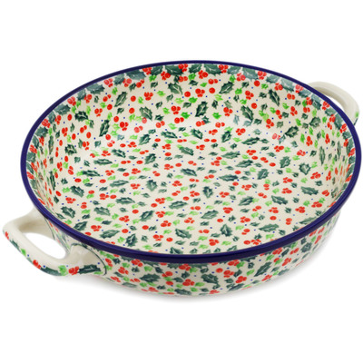 Polish Pottery Round Baker with Handles 10-inch Medium Festive Berries UNIKAT