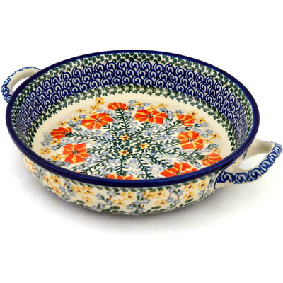 Polish Pottery Round Baker with Handles 10-inch Medium Fire Patch UNIKAT