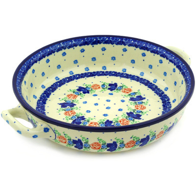 Polish Pottery Round Baker with Handles 10-inch Medium Flower Passion