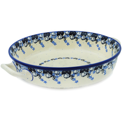 Polish Pottery Round Baker with Handles 10-inch Medium Flowers At Dusk