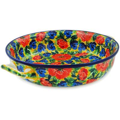 Polish Pottery Round Baker with Handles 10-inch Medium Flowers Collected On A Sunny Day UNIKAT