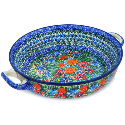 Polish Pottery Round Baker with Handles 10-inch Medium Fresh Blossoms UNIKAT